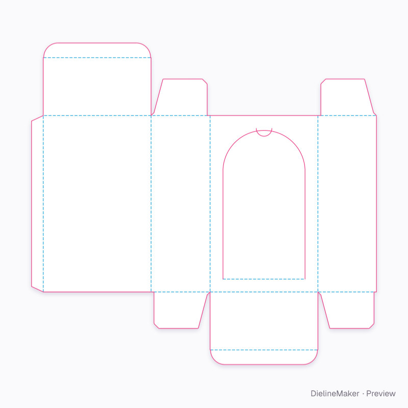 Carton with shaped hinged door flat dieline