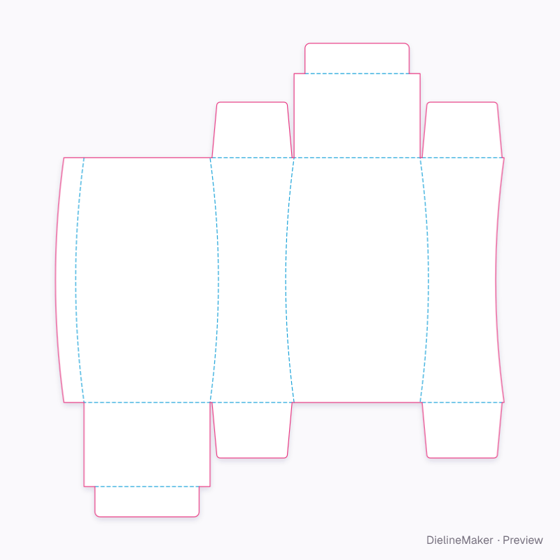 Contour perfume carton — Curved-score tuck carton flat dieline