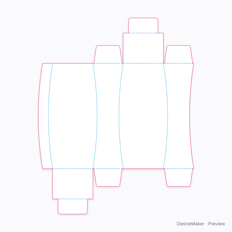 Contour serum carton — Curved-score tuck carton flat dieline
