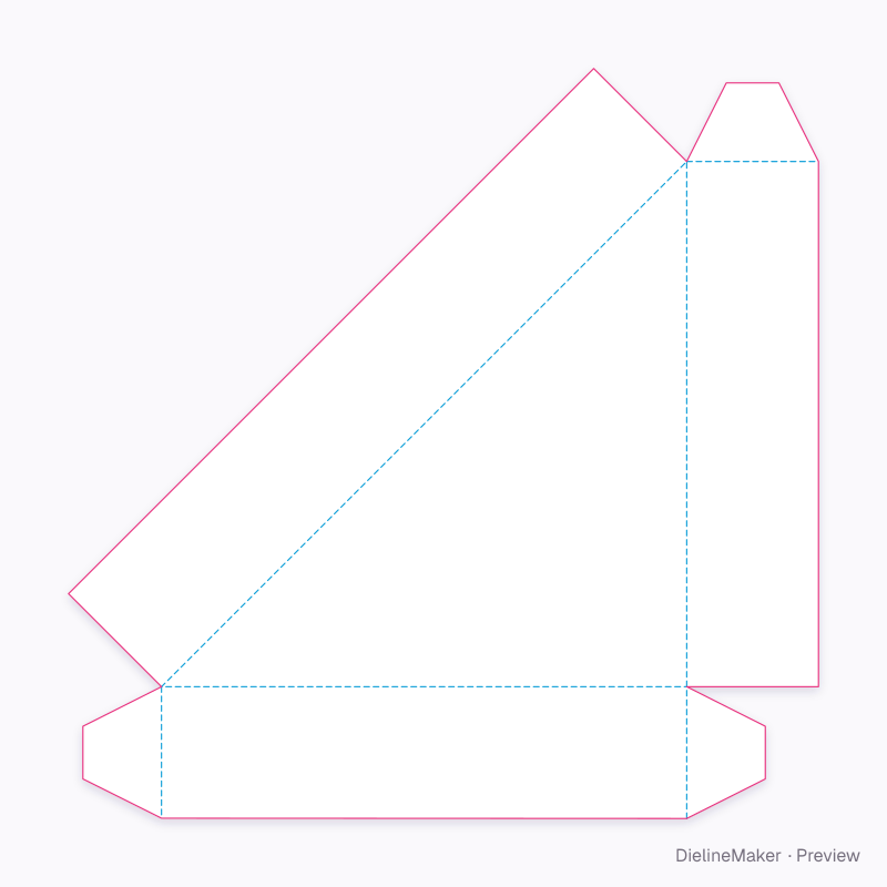 Triangular tray with glued corner tabs flat dieline