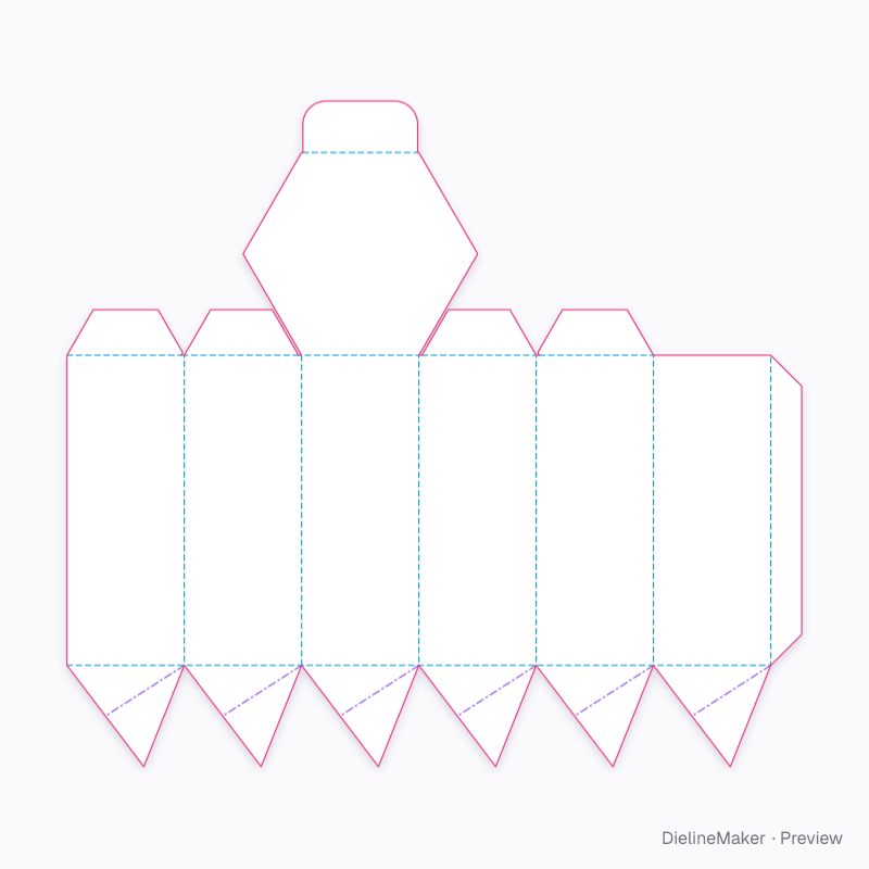 ECMA C10.40.60.20 · Hexagonal prism, crash-lock bottom, tuck top flat dieline