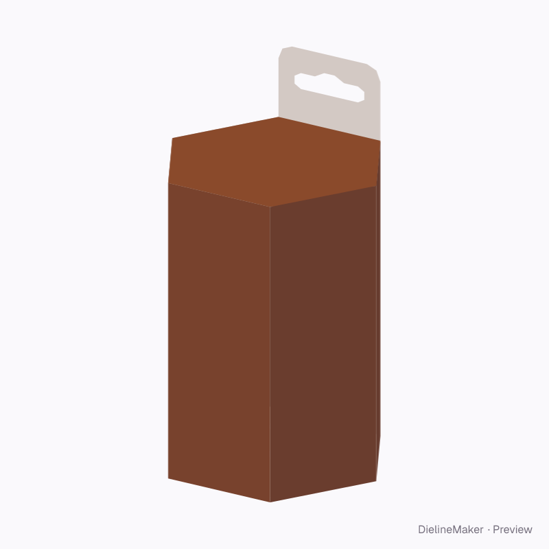 Hexagonal prism, crash-lock bottom, tuck top, hanging header