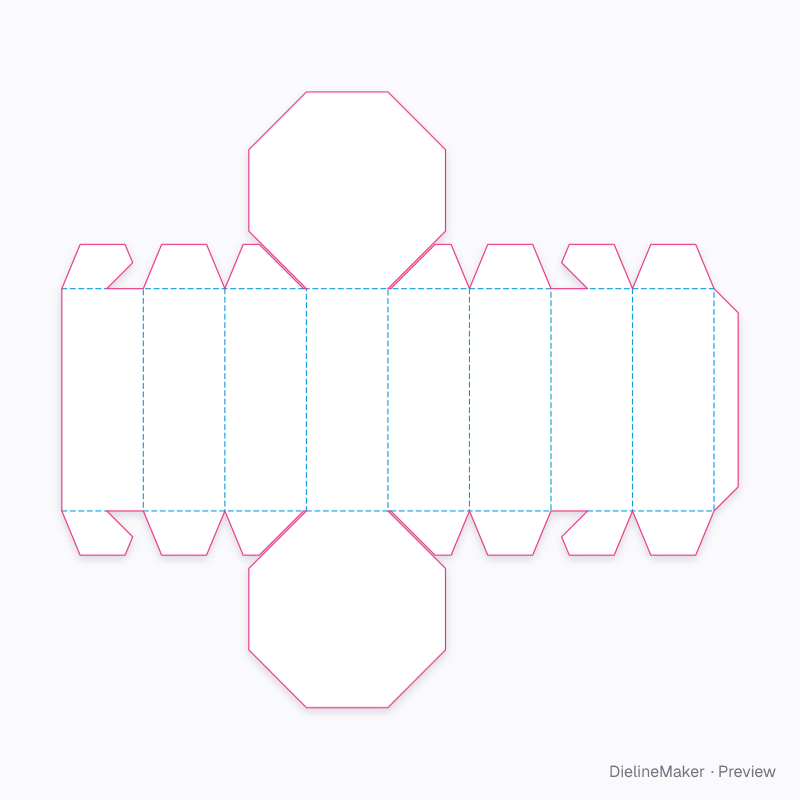 ECMA C10.50.11.11 · Octagonal prism, glued cover ends flat dieline