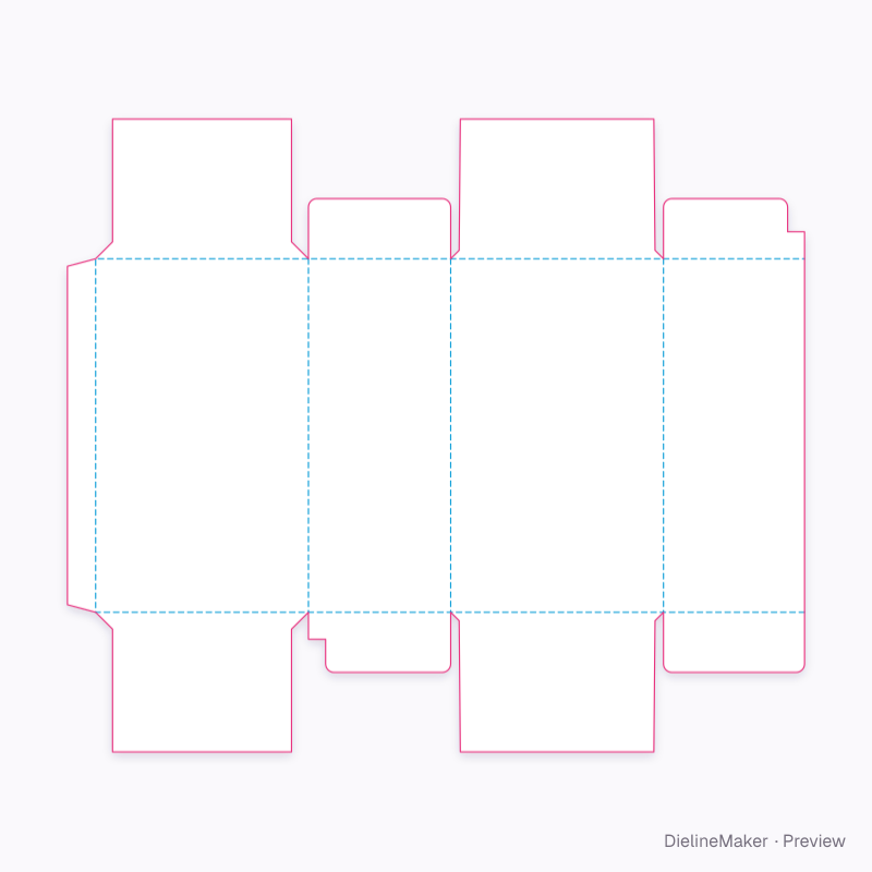 End-load skillet, chamfered flaps with stepped side flaps flat dieline