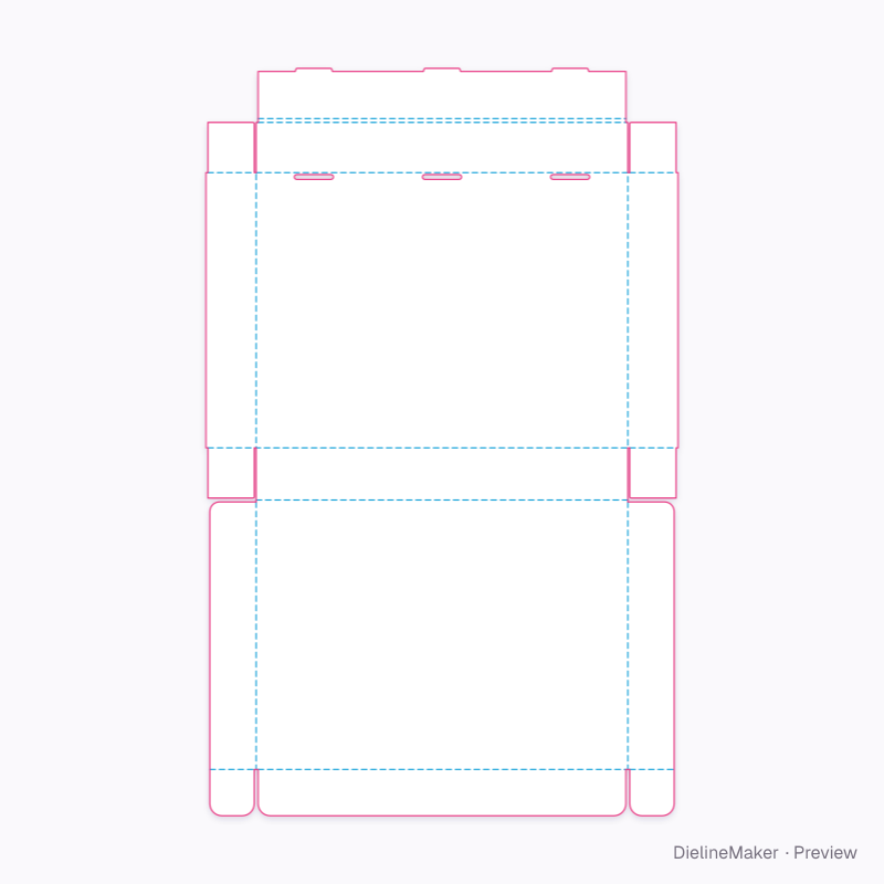 Rolled-front box with cornered lid flaps flat dieline