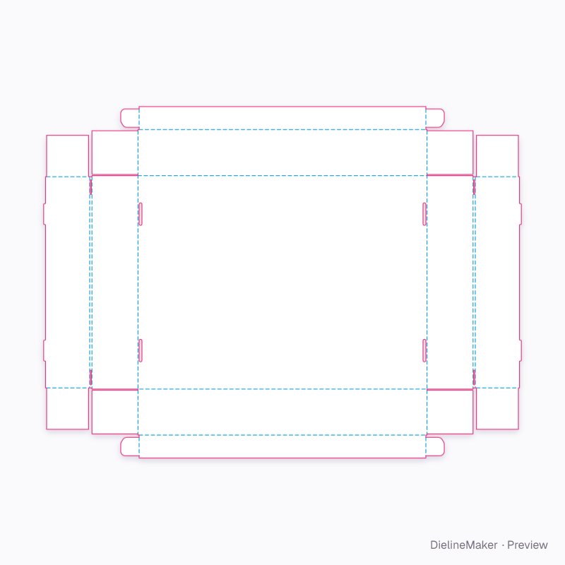 Rim tray with rolled ends and corner hooks flat dieline