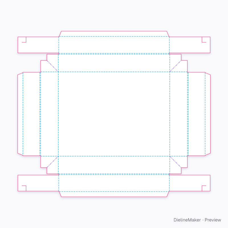 Web-corner tray with hooked wall returns flat dieline
