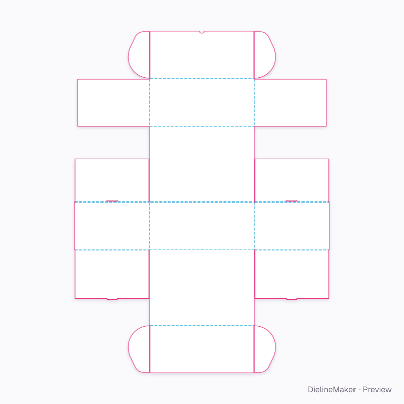 Archive box with two curved closing panels flat dieline