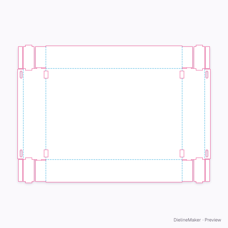 Rimmed tray with retained corner hooks flat dieline