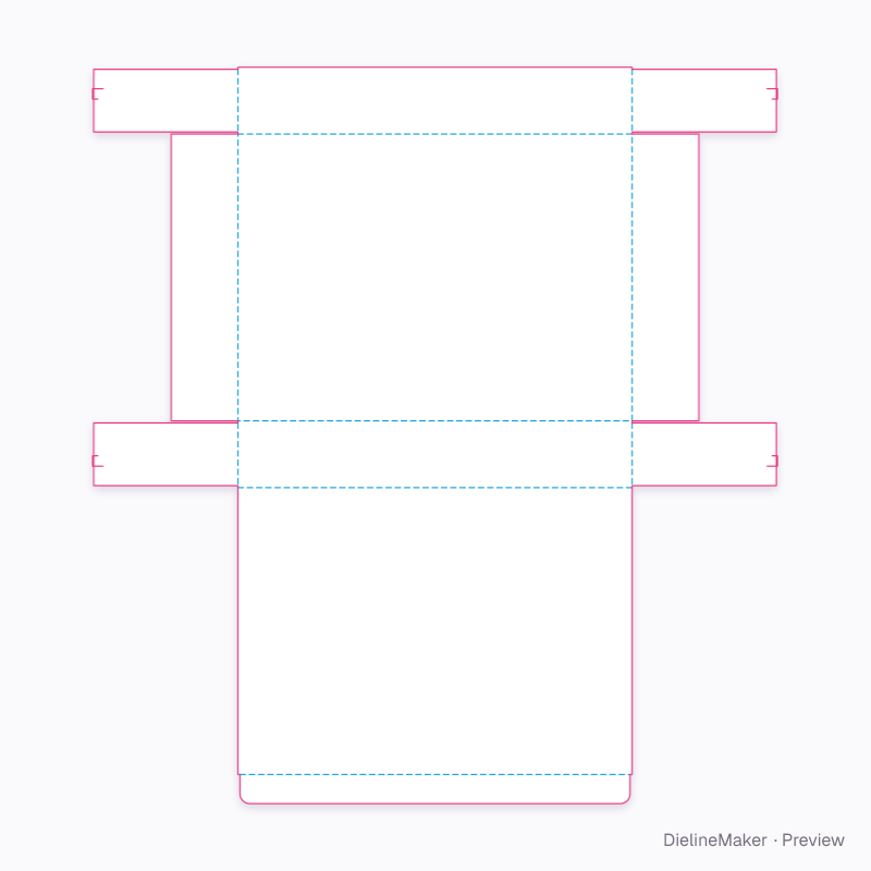 Hinged tray with hooked corner flaps flat dieline