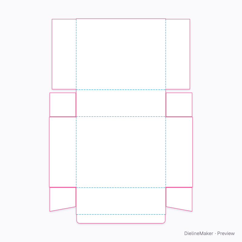 Tall hinged box with rear end closures flat dieline