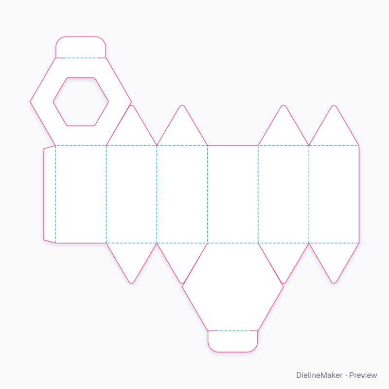 Hexagon box with lid window flat dieline