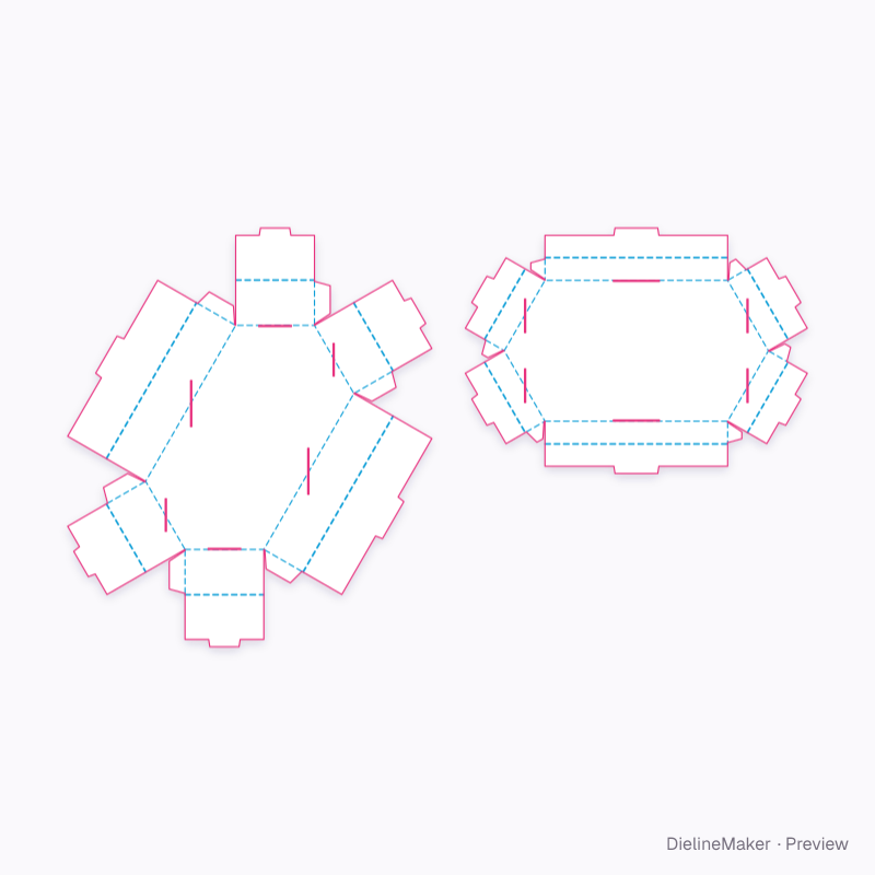 Elongated hexagon tray and lid flat dieline
