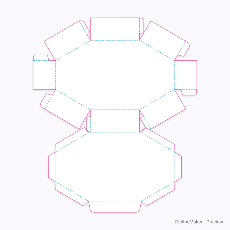 Elongated octagon clamshell flat dieline