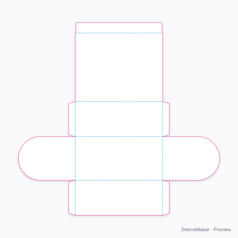 Rounded-end carton with curved hinged roof flat dieline