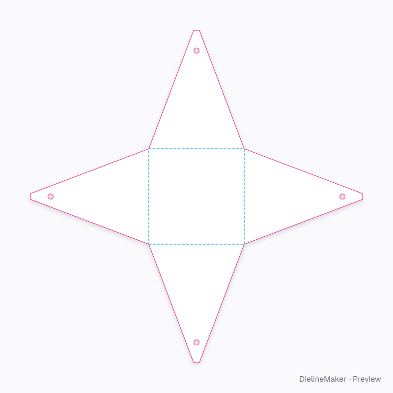 Tie-closed pyramid carton flat dieline