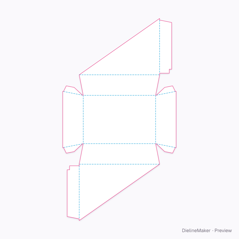 Flared tray with diagonal hooked covers flat dieline