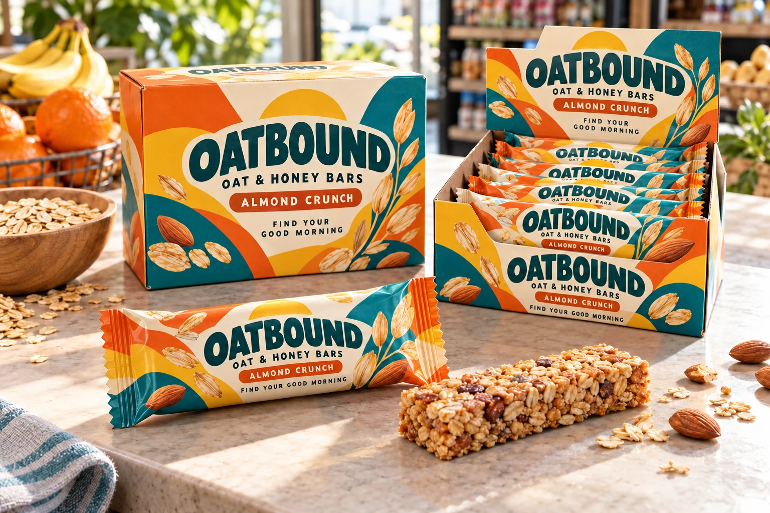 Generated OATBOUND oat and honey bar wrapper, multipack carton and counter display with Almond Crunch branding