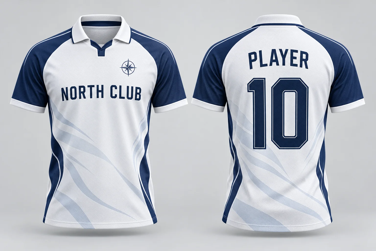 Generated navy and white NORTH CLUB collared football jersey shown from the front and back with number 10