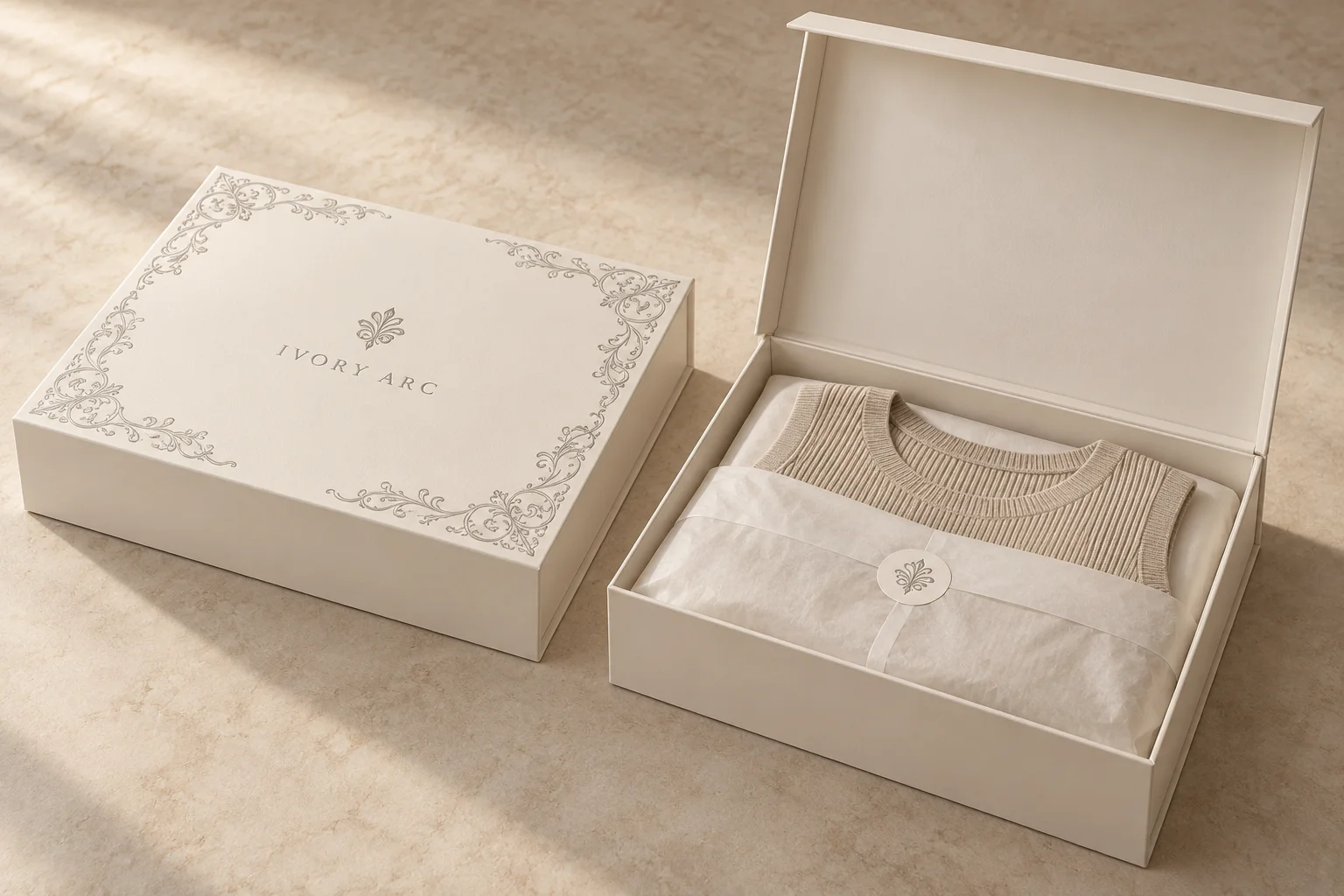 Generated IVORY ARC ivory garment gift boxes shown closed and open with silver ornament and a folded beige knit top