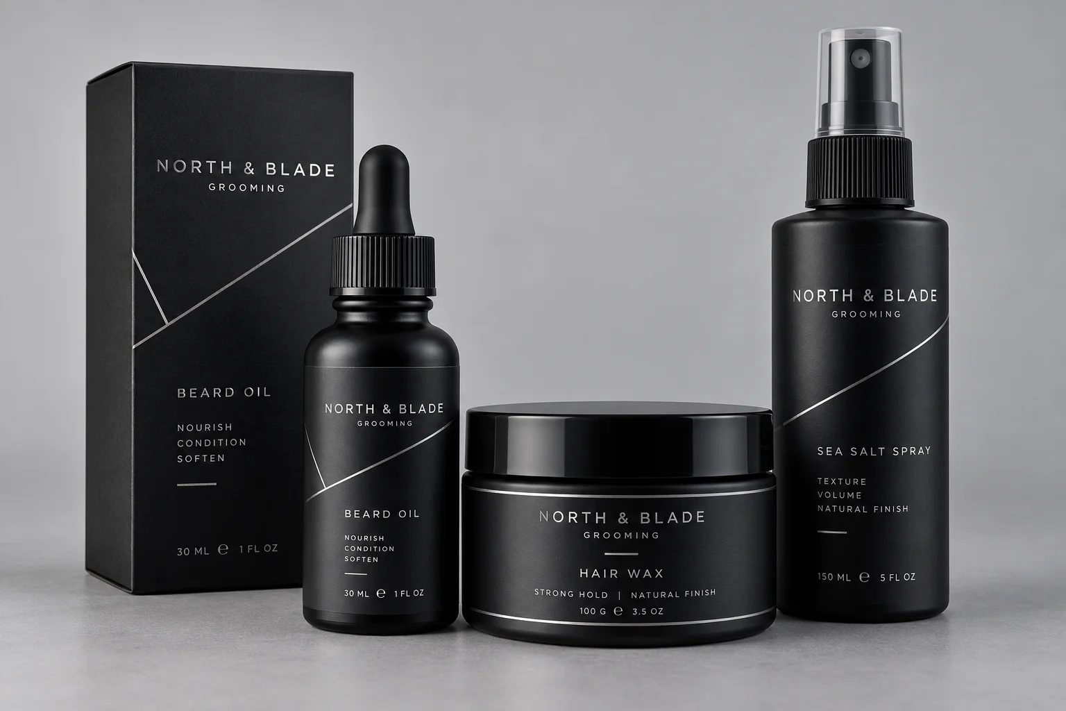 Generated NORTH & BLADE black and silver grooming carton, beard oil dropper, hair wax jar and fine mist spray bottle