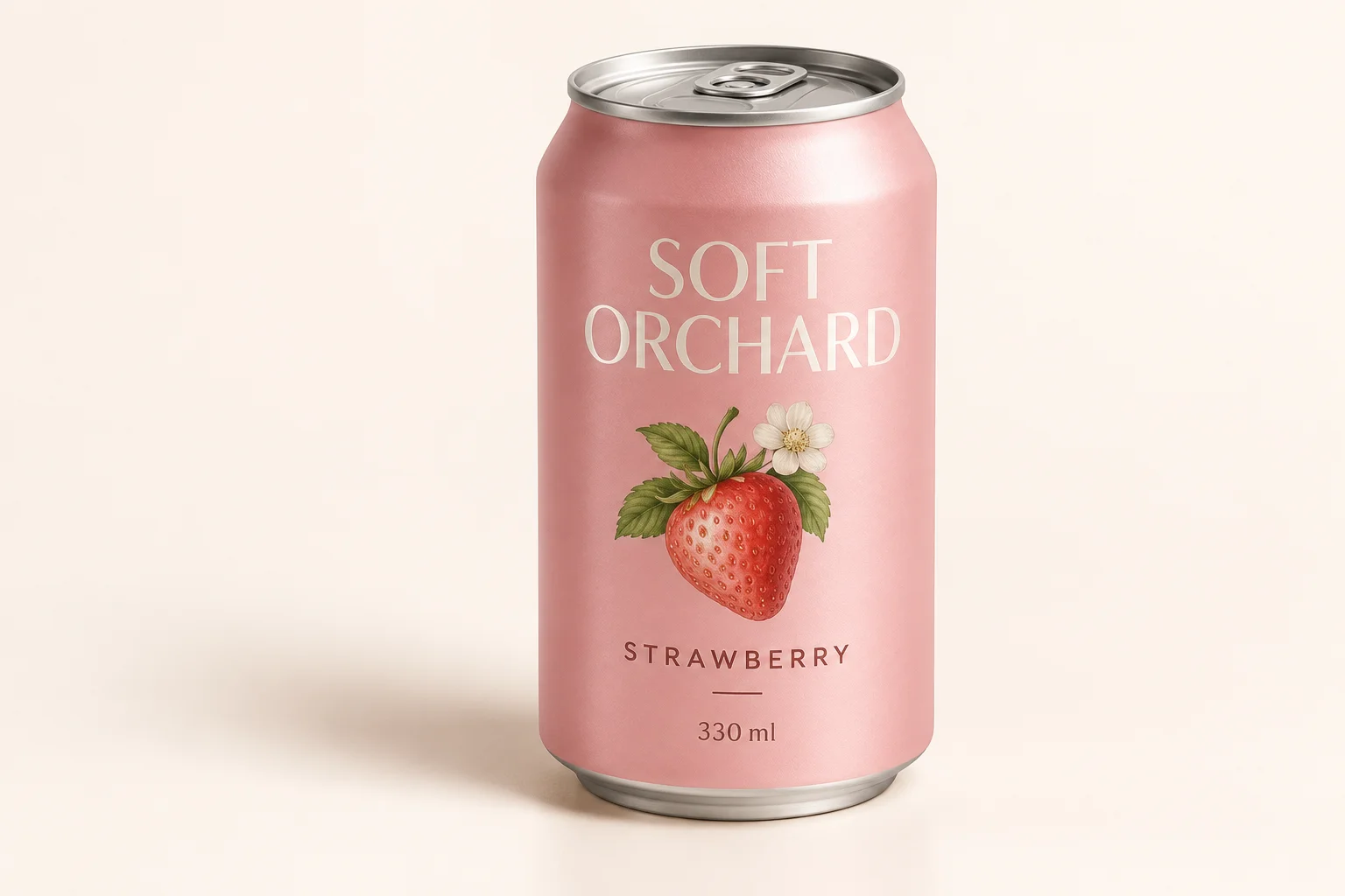 Generated SOFT ORCHARD pastel pink strawberry drink can on a warm cream background