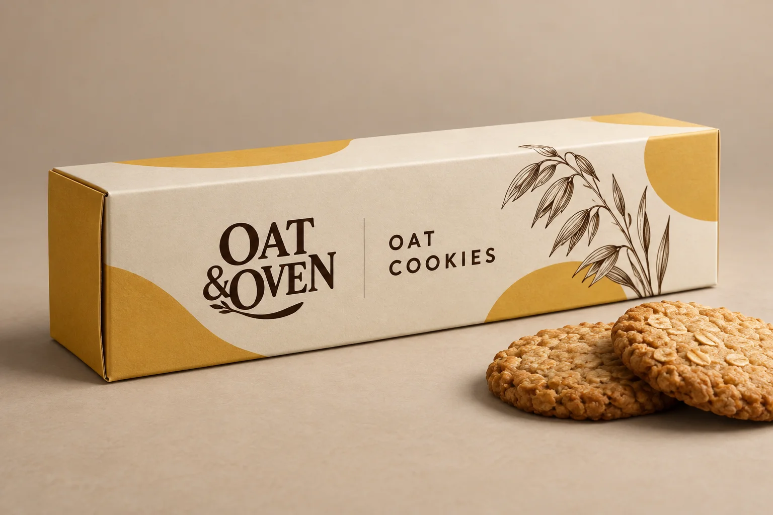 Generated cream and mustard OAT & OVEN shallow cookie carton with oat biscuits beside it