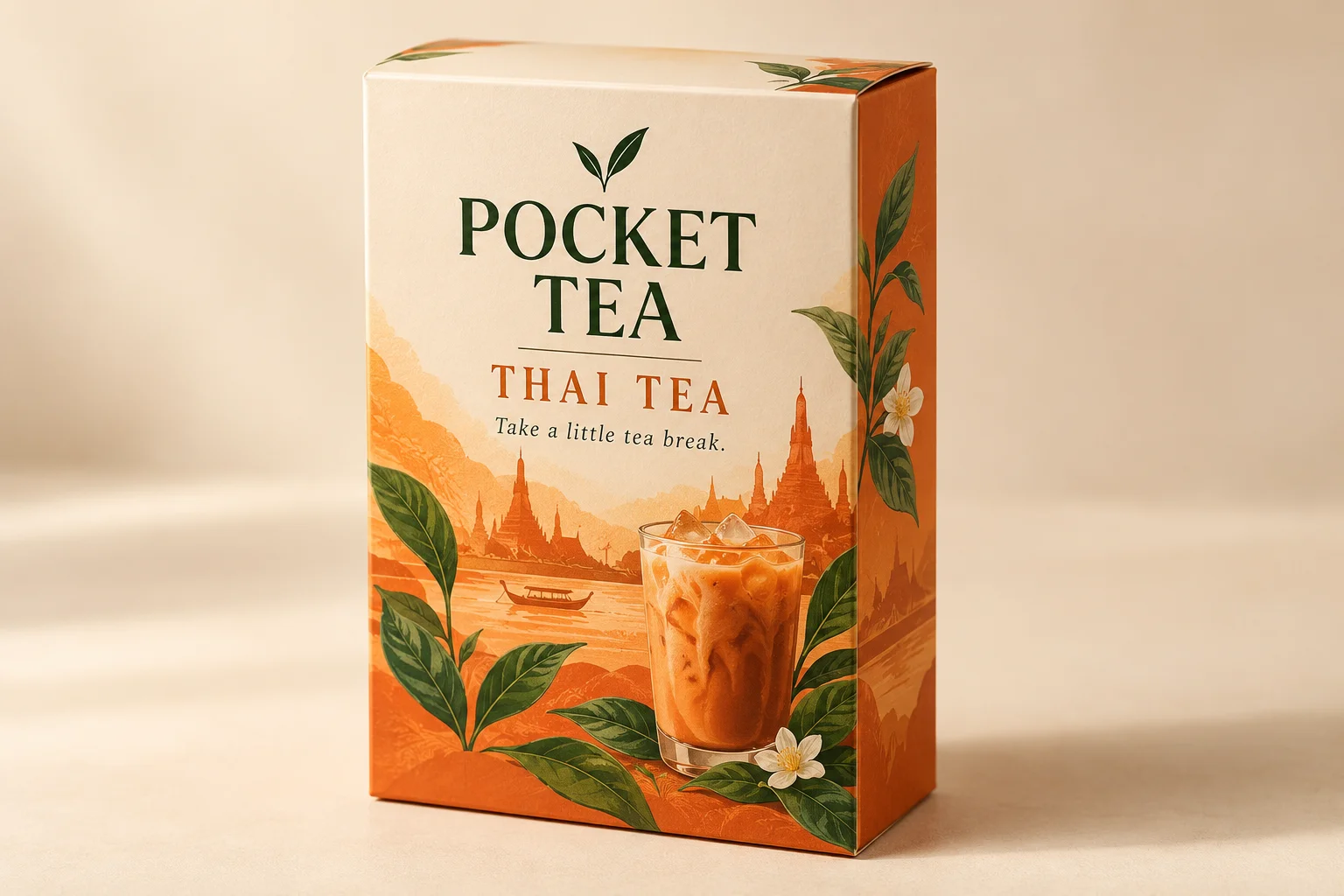 Generated cream and orange POCKET TEA Thai tea carton with tea leaves and iced tea artwork