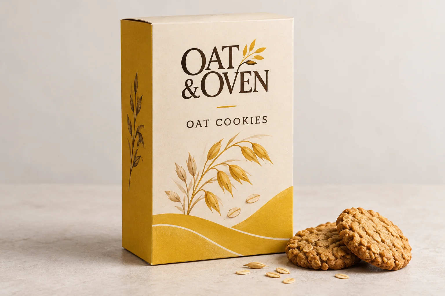 Generated upright cream and mustard OAT & OVEN cookie carton with a narrow side panel and oat biscuits beside it