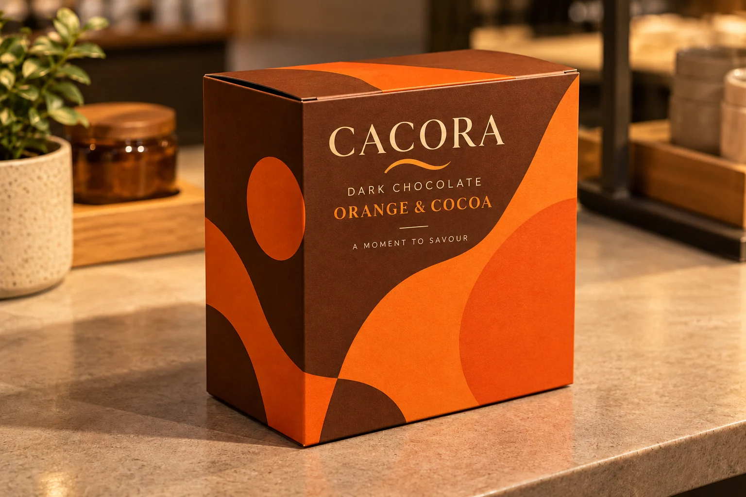 Generated CACORA brown and orange chocolate carton with product name and A Moment to Savour tagline