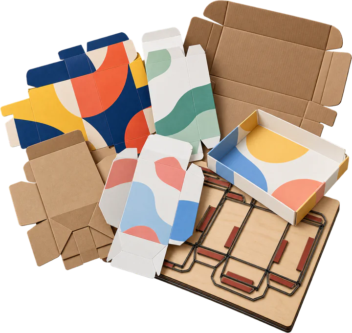 Assorted folding carton and corrugated blanks beside die-cutting tooling
