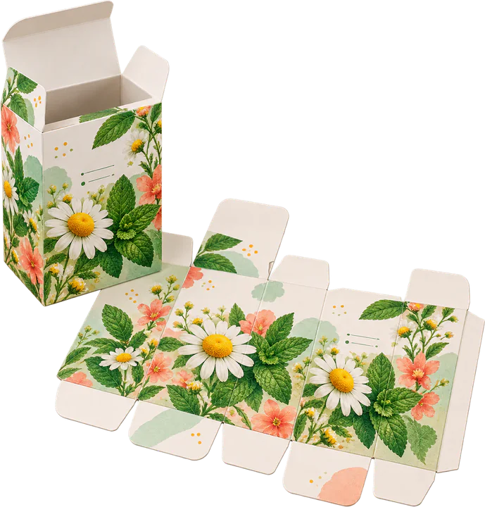 Botanical folding carton beside its illustrated unfolded blank
