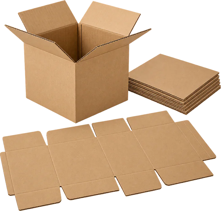 Open corrugated shipping case beside an illustrative flat blank