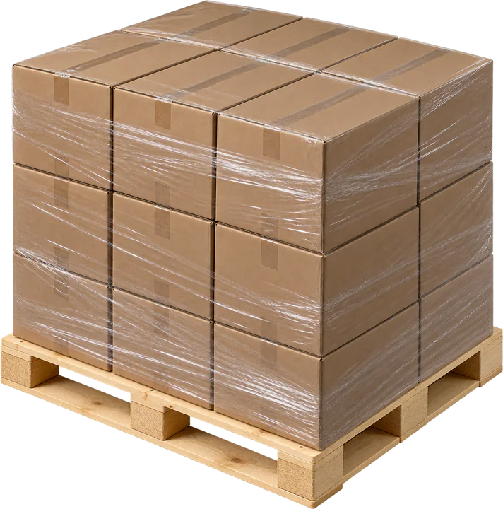 Wooden pallet carrying a stacked and partly wrapped load of cases