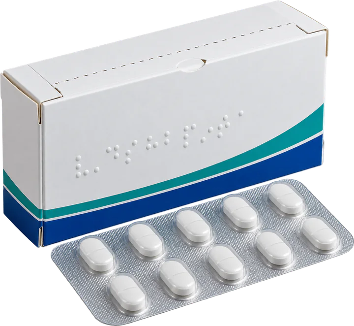 Medicine carton with illustrative raised dots beside a tablet blister
