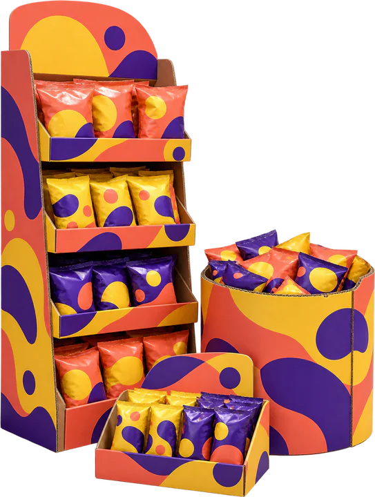 Colourful floor display, counter tray and dump bin holding snack packs