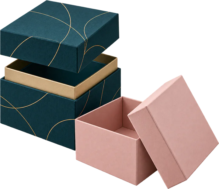 Teal shoulder box and pink telescope box with separate lids