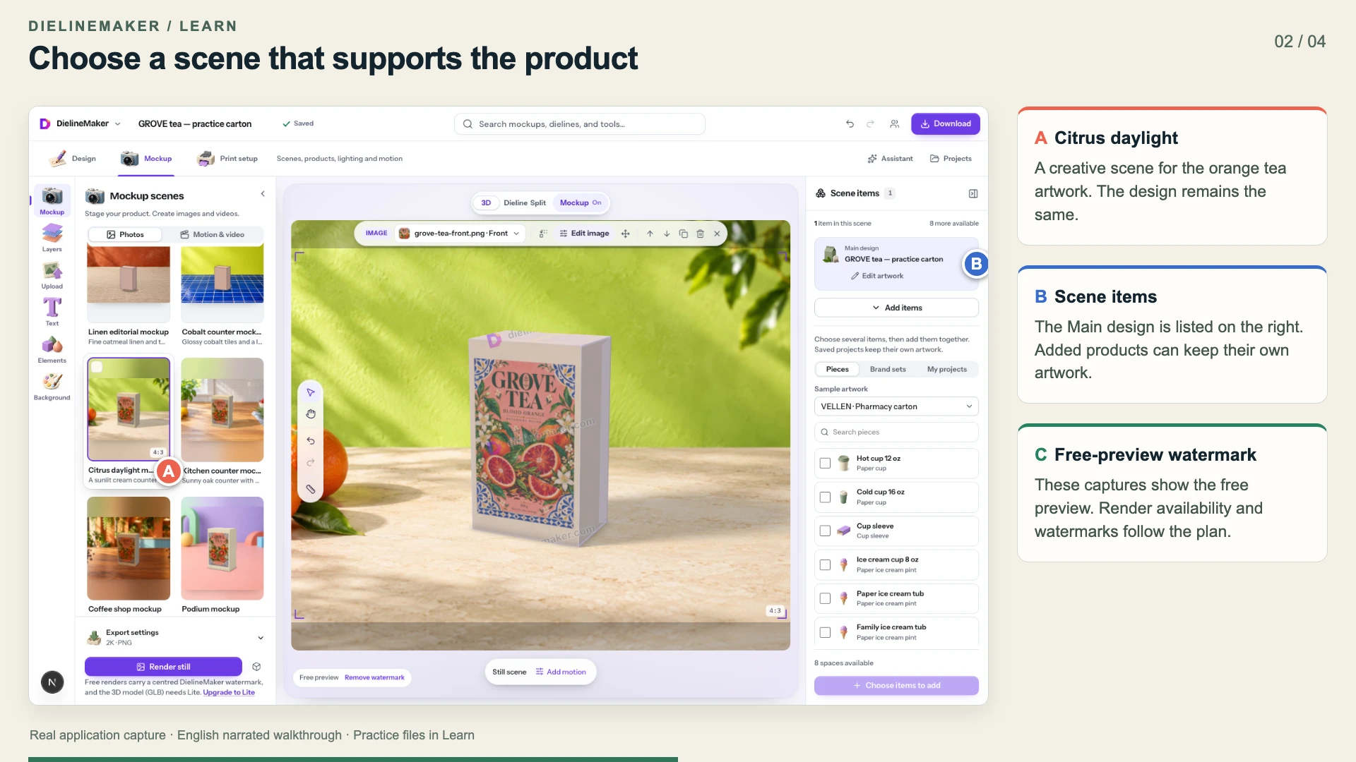 GROVE tea carton in the Citrus daylight mockup scene