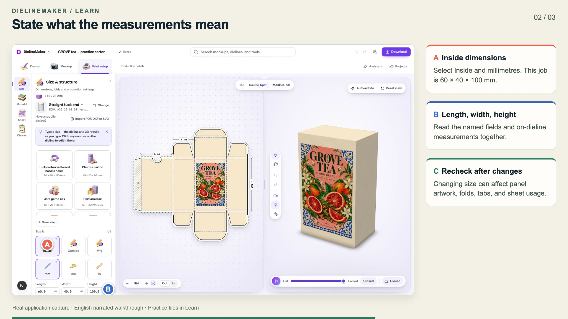 Straight tuck end carton with inside measurements and material controls annotated