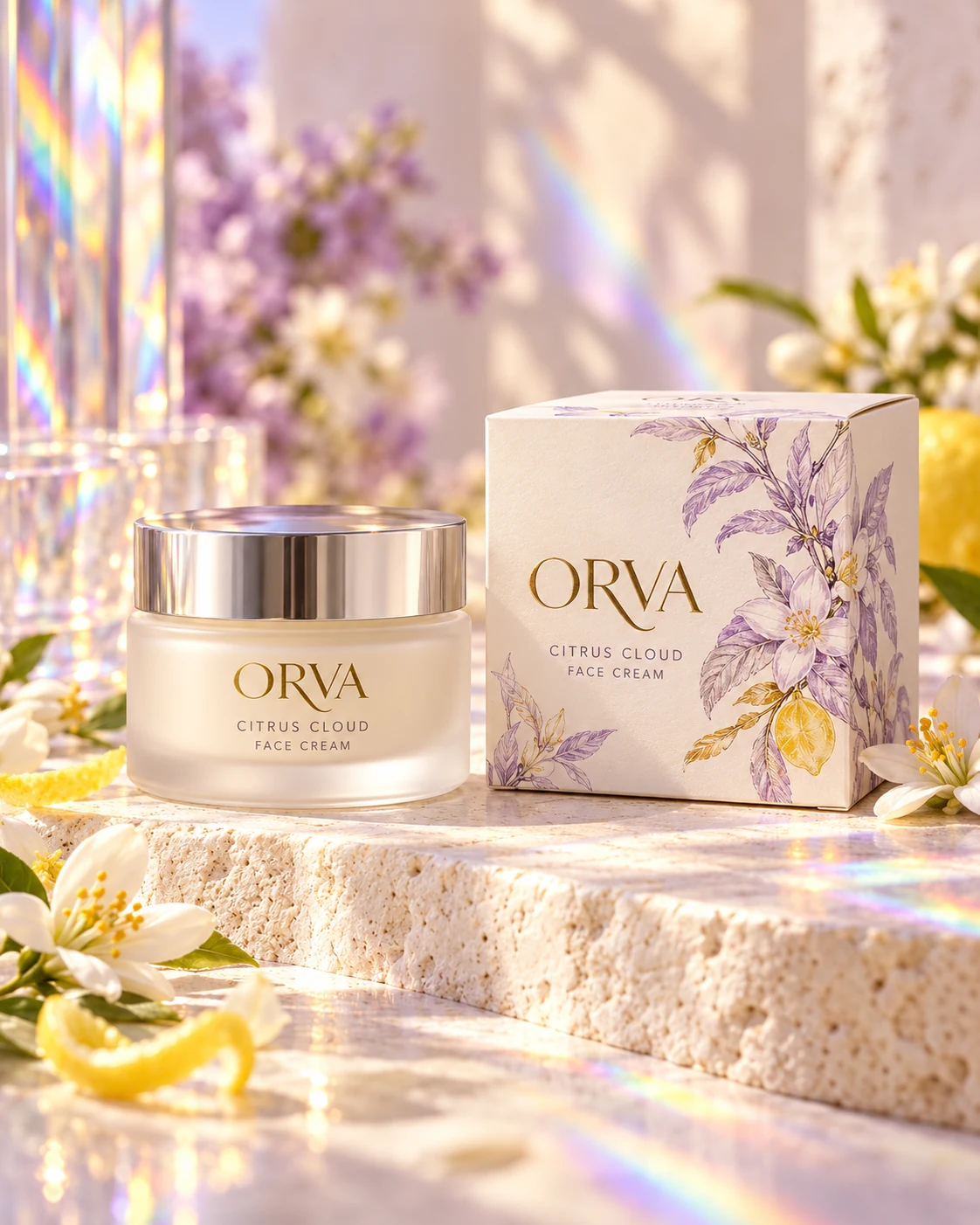 ORVA cream jar art direction with luminous cream textures