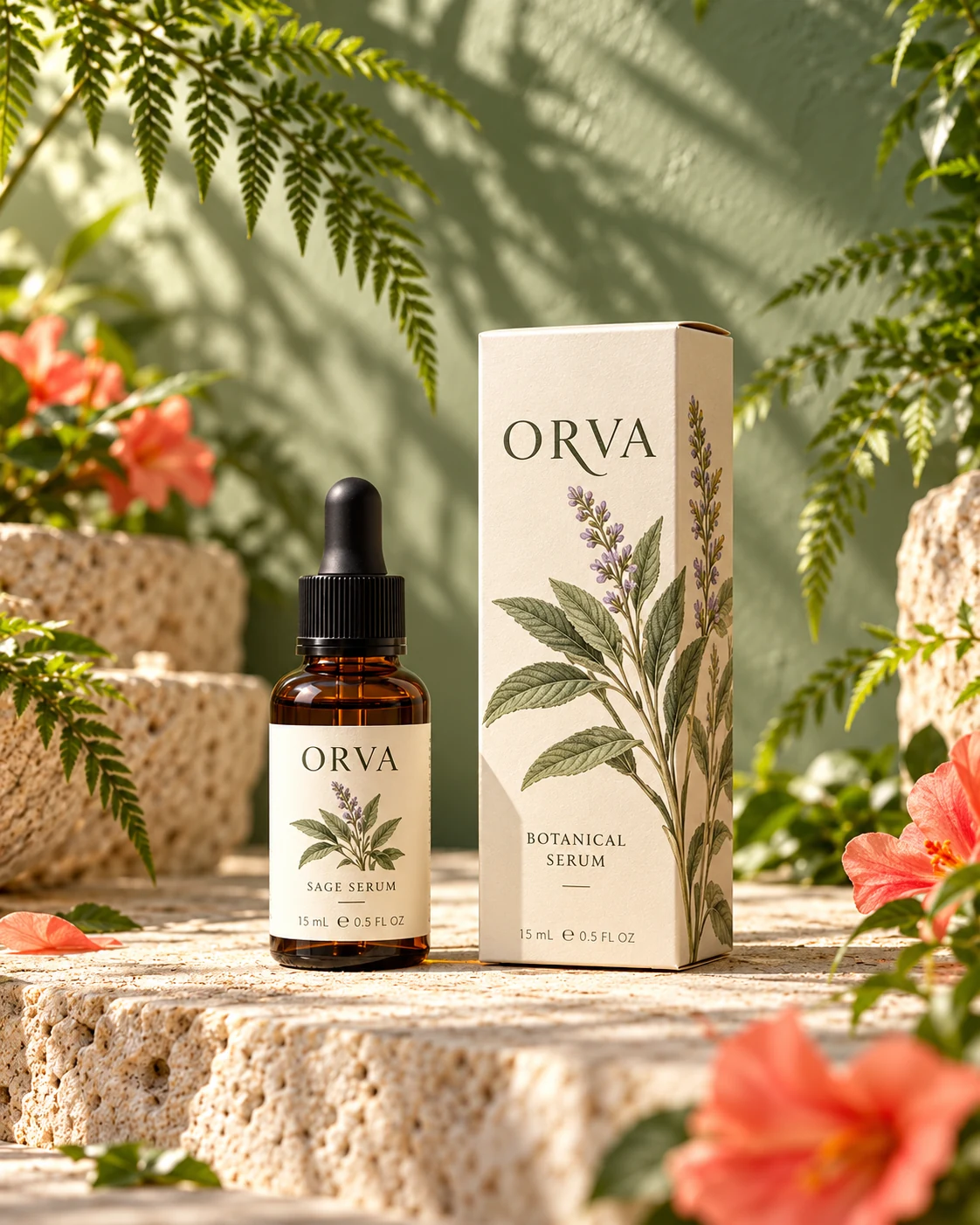 ORVA serum art direction with a green botanical setting
