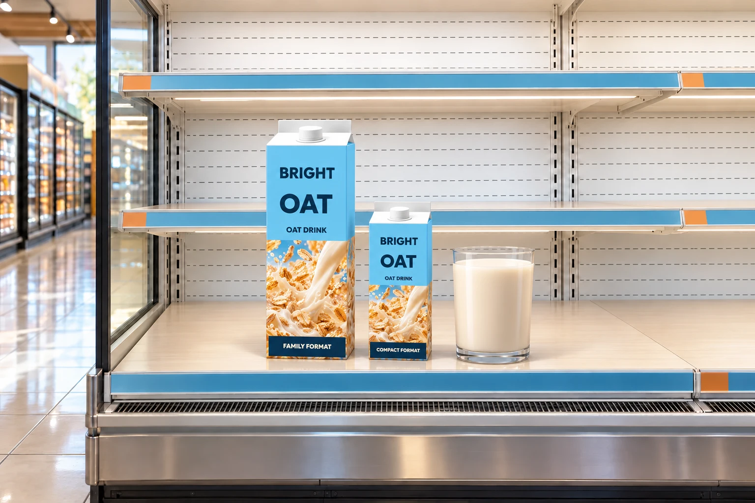 AI-generated BRIGHT OAT compact and family cartons with a filled glass on a chilled retail shelf