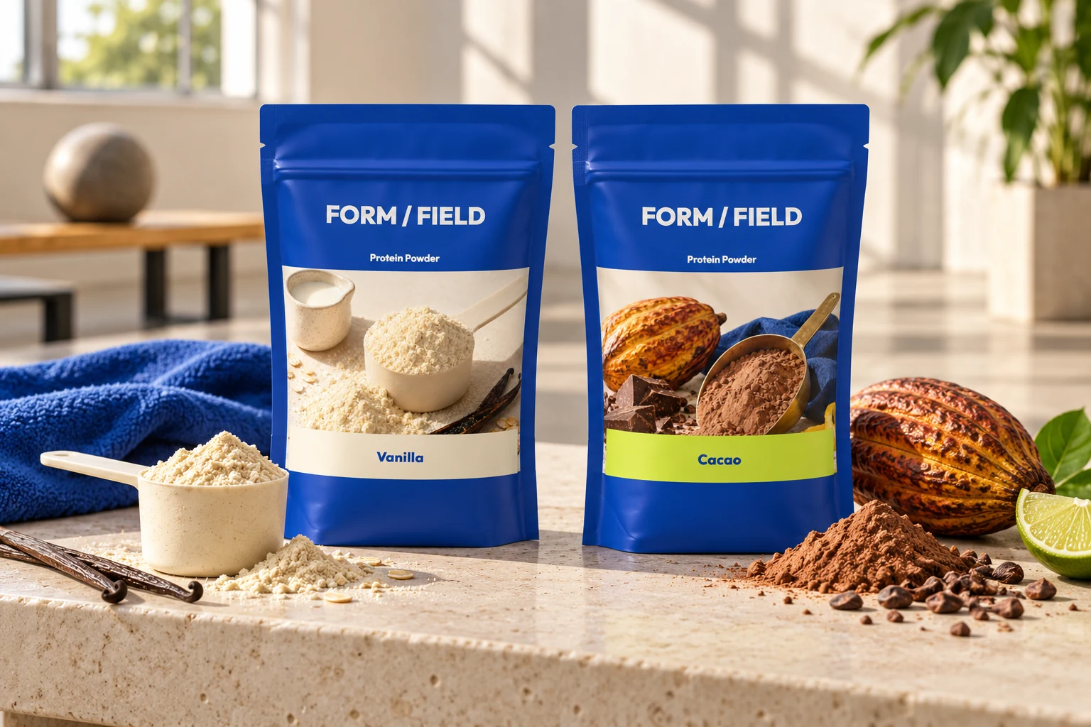 Original AI-generated FORM / FIELD Cacao and Vanilla pouch photographic concept at a preparation counter, based on the native artwork
