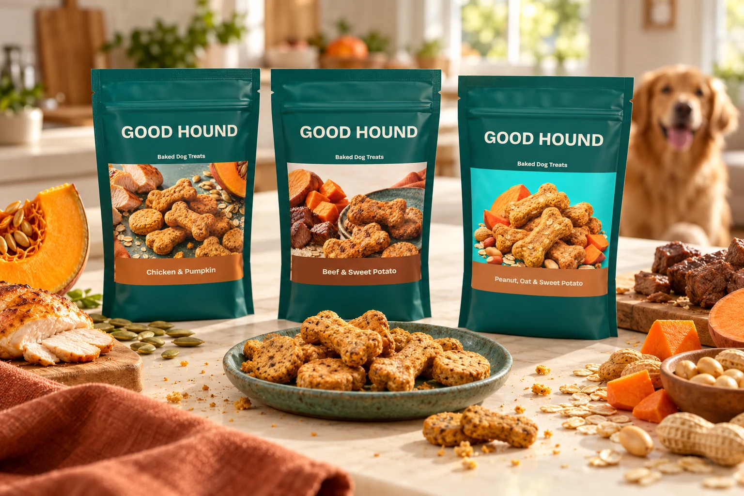 Original AI-generated GOOD HOUND three-flavor treat pouch photographic concept at a treat counter with a dog, based on the native artwork