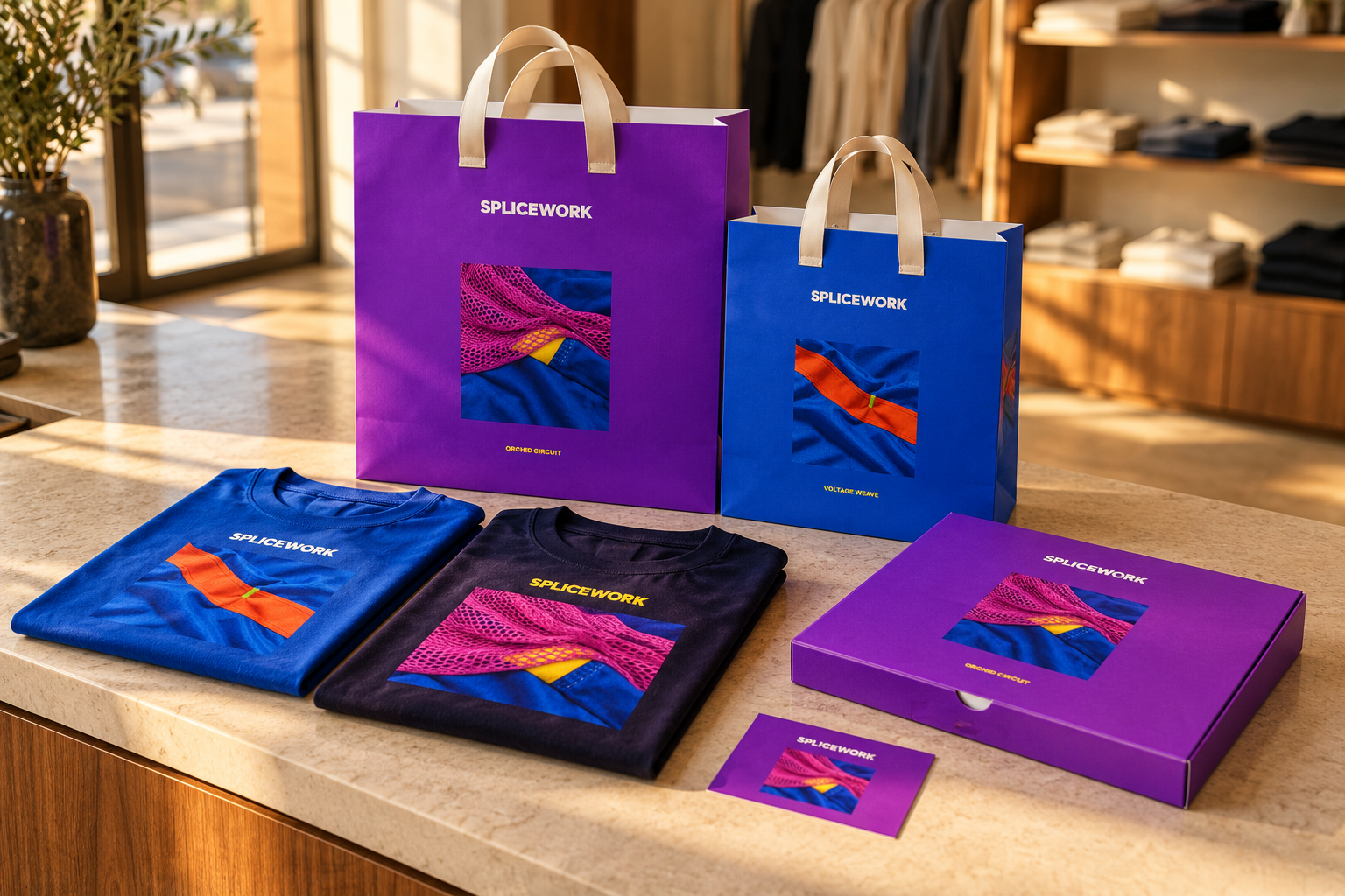Original AI-generated SPLICEWORK display on a boutique counter, with blue and purple bags, folded tees and a closed purple mailer