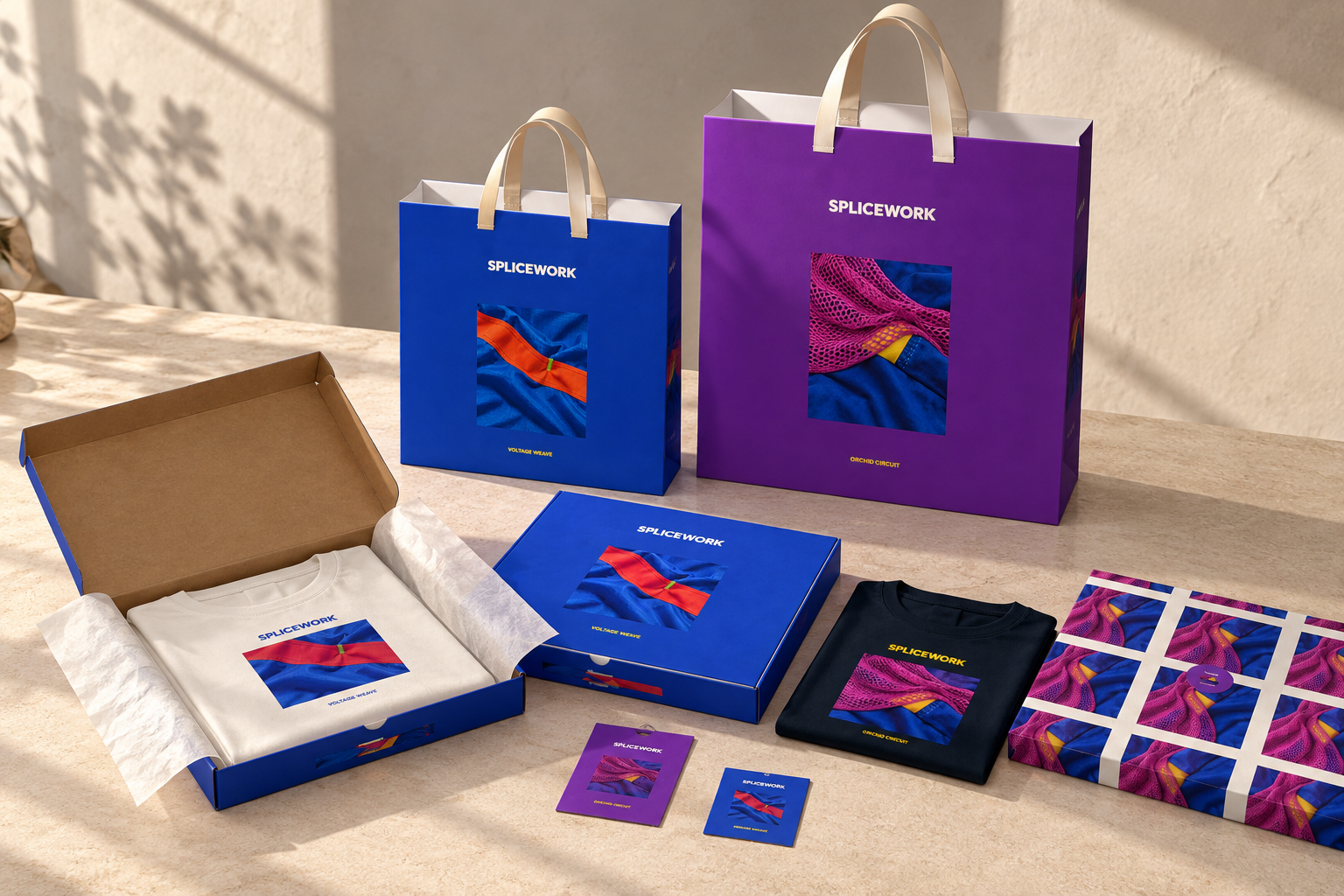 Original AI-generated SPLICEWORK unboxing concept on a sunlit stone counter, with two carry bags, an open mailer, folded white and dark tees, tissue and cards