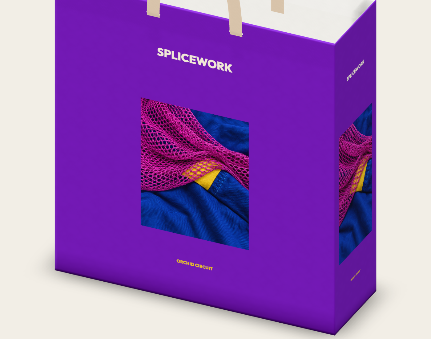 SPLICEWORK · Orchid Circuit, ribbon-handle carry bag: native detail proof