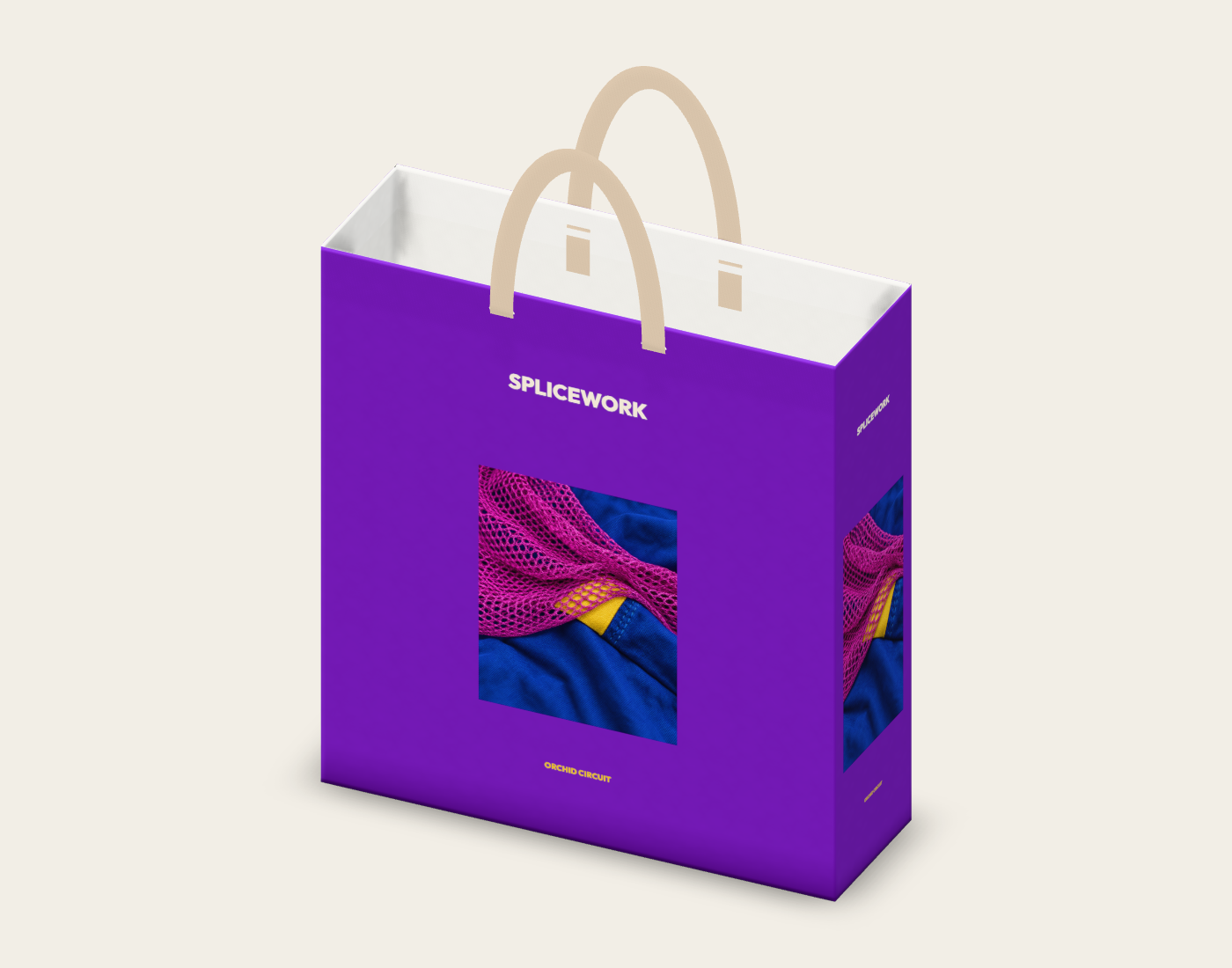 SPLICEWORK · Orchid Circuit, ribbon-handle carry bag: native three-quarter proof