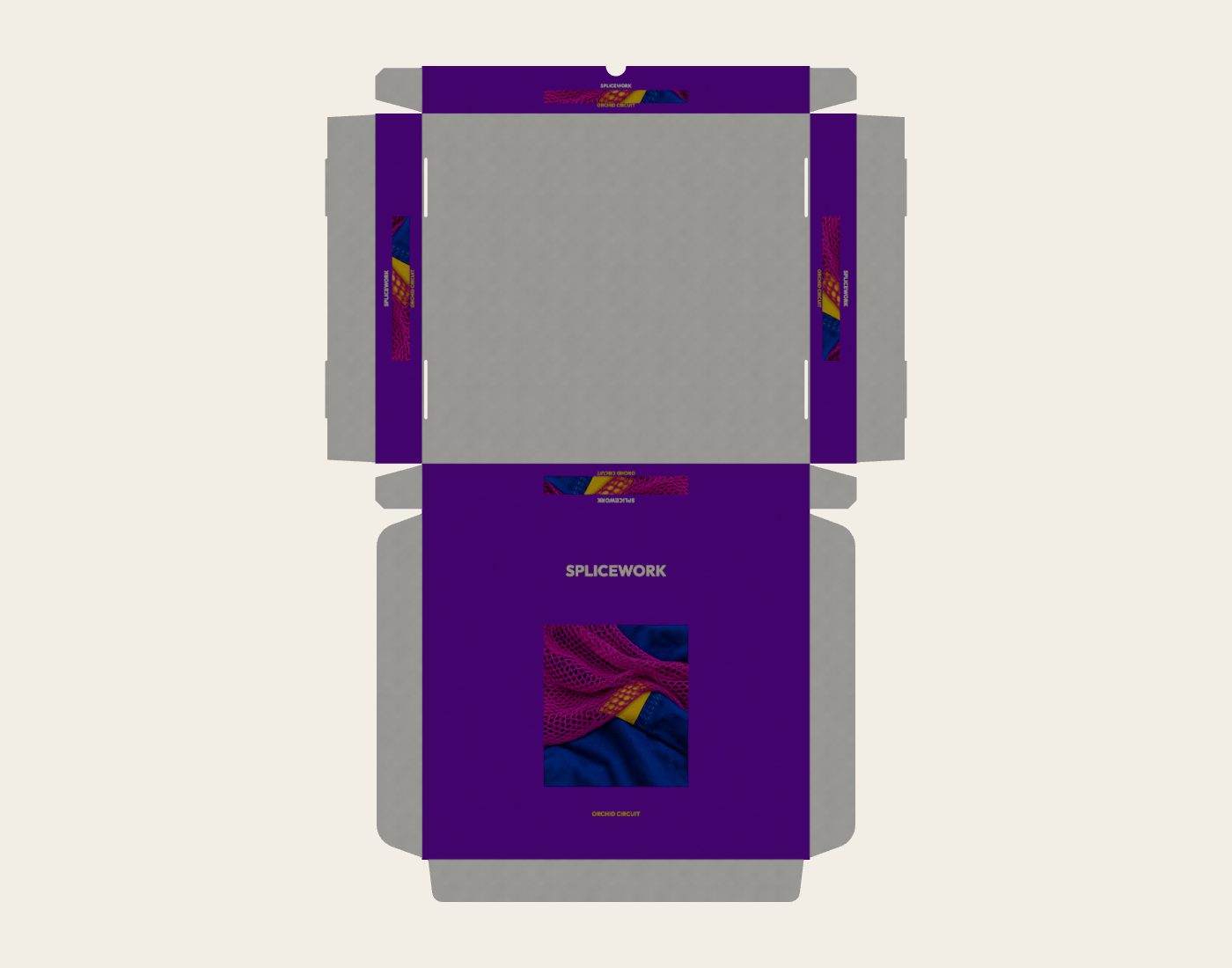 SPLICEWORK · Orchid Circuit, coordinated structural mailer: native flat proof