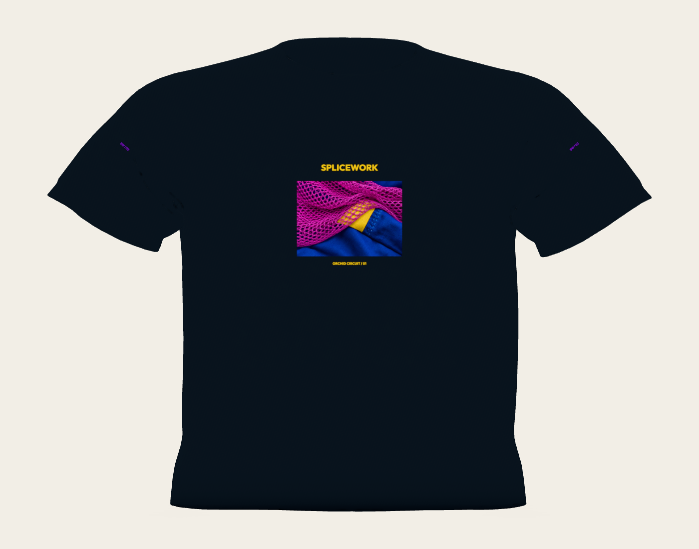 SPLICEWORK · Orchid Circuit, folded tee decoration reference: native flat proof
